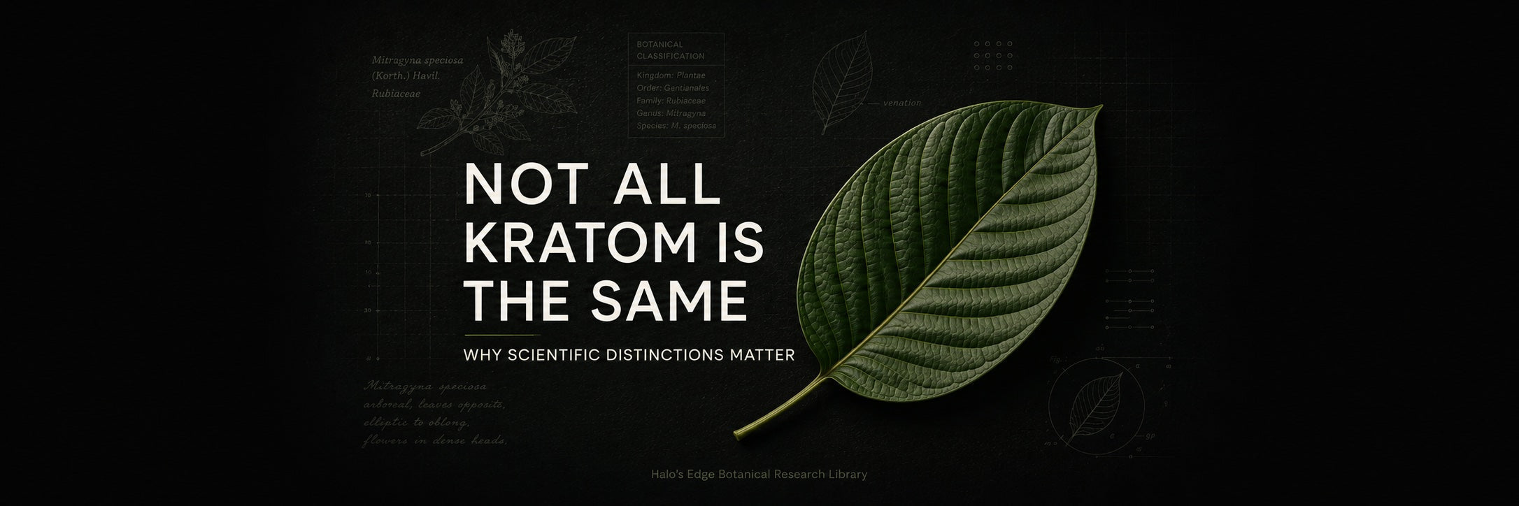 Illustration of a Mitragyna speciosa (kratom) leaf with botanical classification and scientific design elements representing research into the differences between traditional kratom and concentrated alkaloid products.