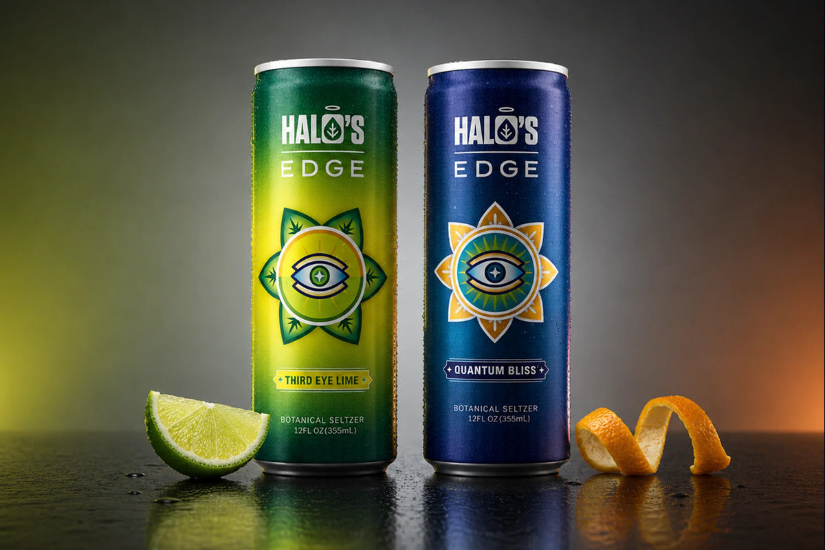 Halo’s Edge Quantum Bliss and Third Eye Lime botanical seltzer cans.