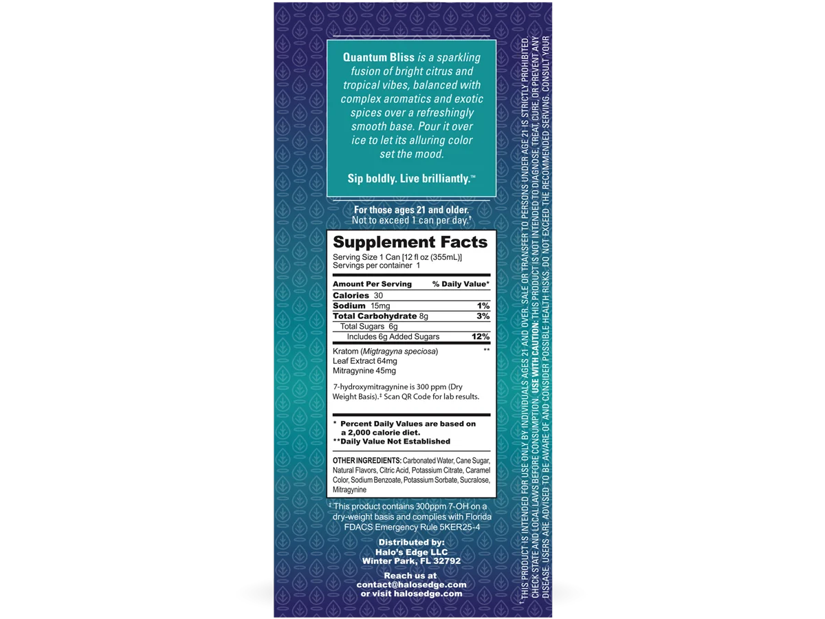 Quantum Bliss can back panel with product information and supplement facts